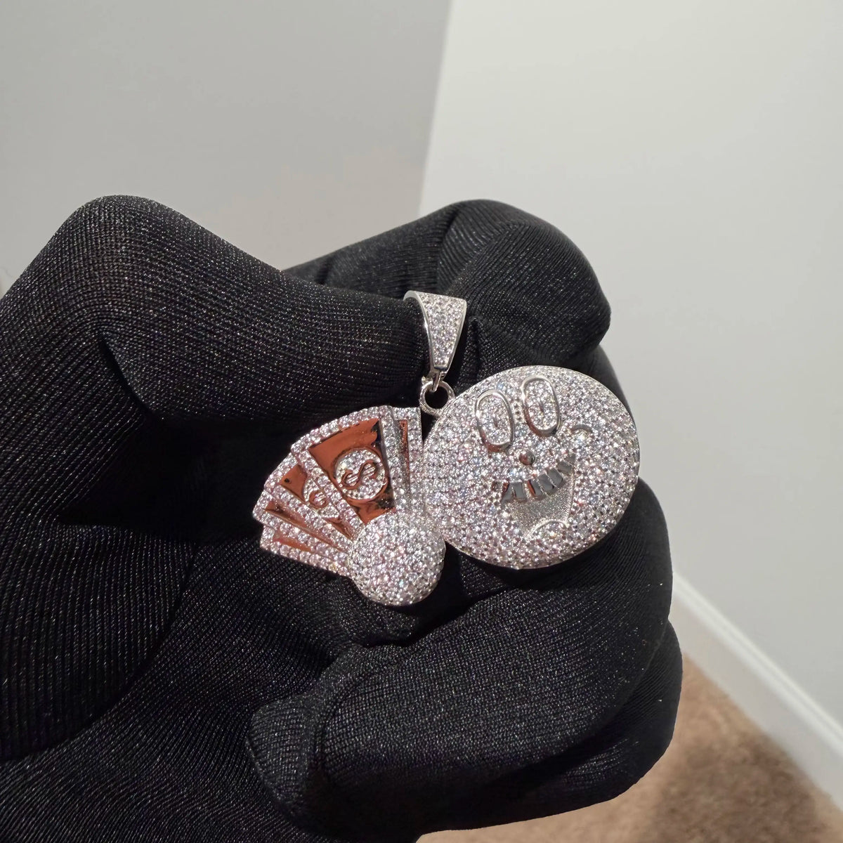Iced Out Money Face Pendant, Solid 925 Sterling Silver VVS CZ Diamond Cash Fan Necklace, Hip Hop Jewelry, 22 Inch Rope Chain