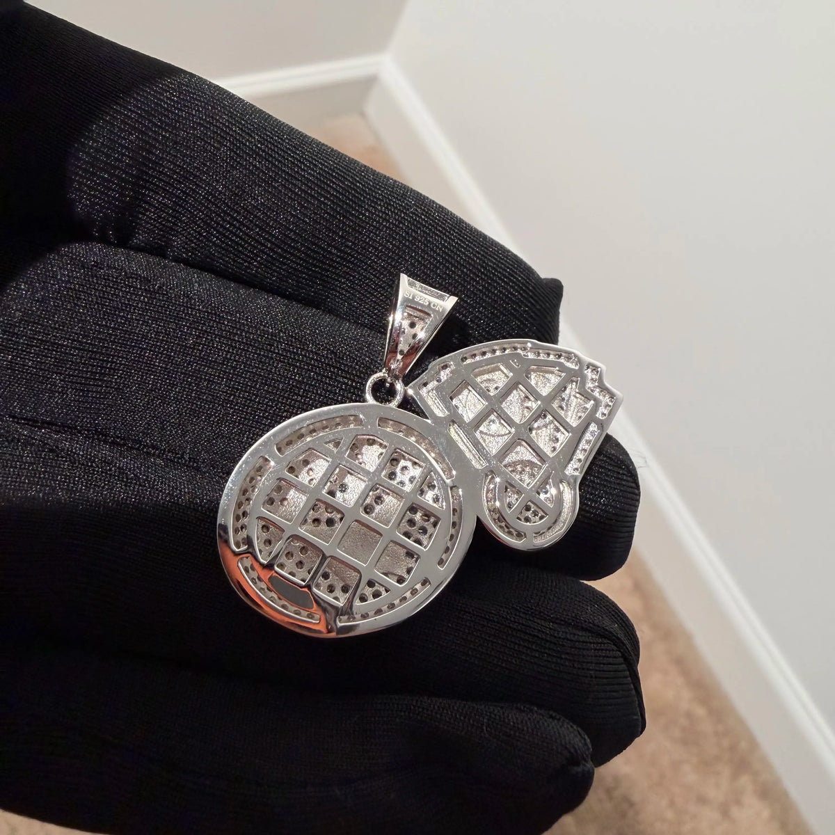 Iced Out Money Face Pendant, Solid 925 Sterling Silver VVS CZ Diamond Cash Fan Necklace, Hip Hop Jewelry, 22 Inch Rope Chain