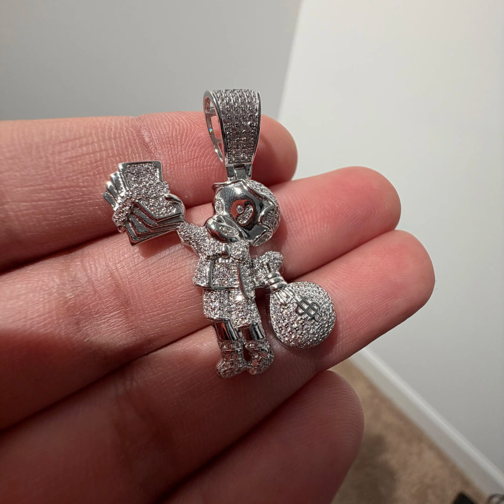 Iced Out Money Man Pendant, Solid 925 Sterling Silver VVS CZ Diamond Cash Bag Necklace, Hip Hop Jewelry, 22 Inch Rope Chain