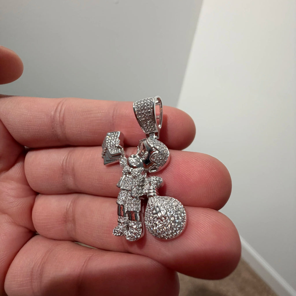 Iced Out Money Man Pendant, Solid 925 Sterling Silver VVS CZ Diamond Cash Bag Necklace, Hip Hop Jewelry, 22 Inch Rope Chain