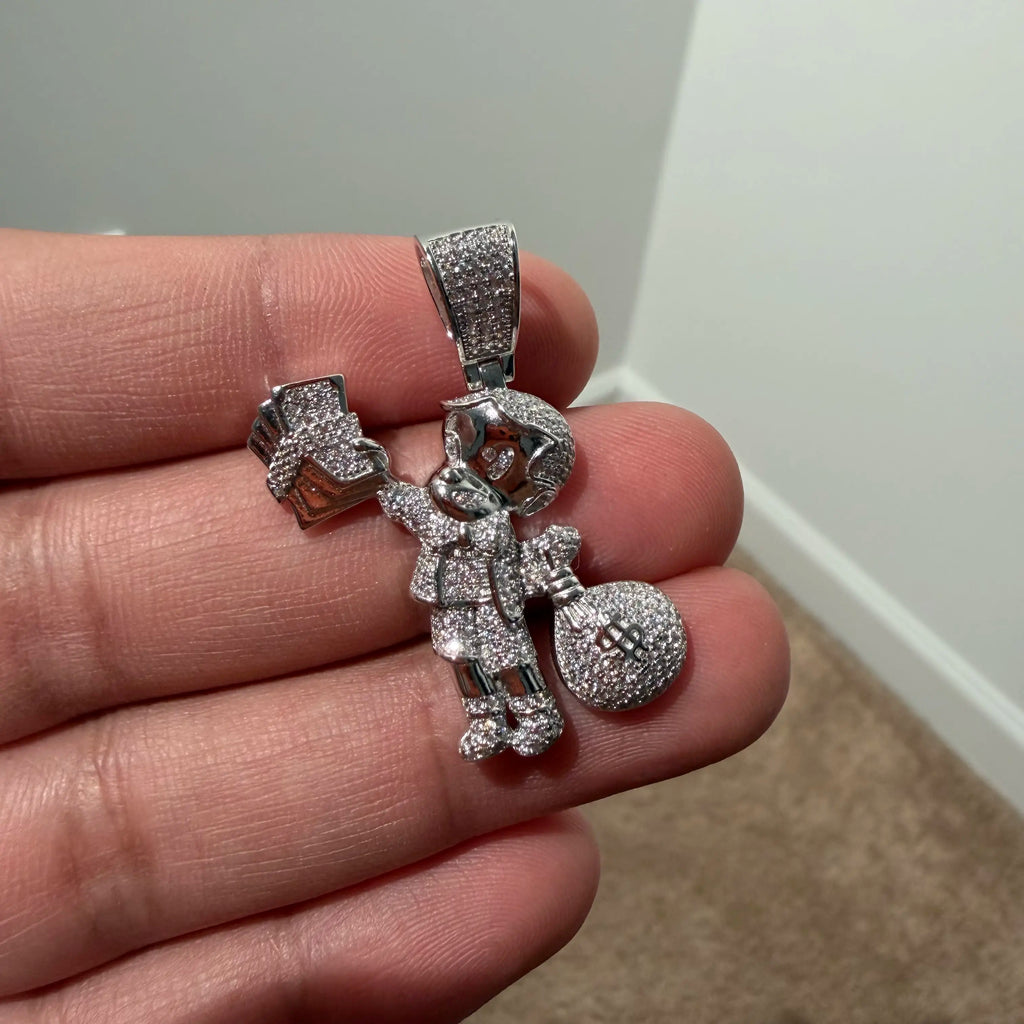 Iced Out Money Man Pendant, Solid 925 Sterling Silver VVS CZ Diamond Cash Bag Necklace, Hip Hop Jewelry, 22 Inch Rope Chain