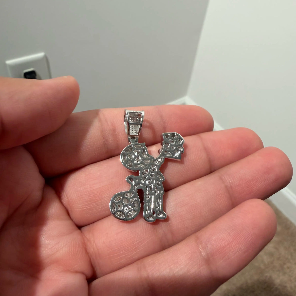 Iced Out Money Man Pendant, Solid 925 Sterling Silver VVS CZ Diamond Cash Bag Necklace, Hip Hop Jewelry, 22 Inch Rope Chain