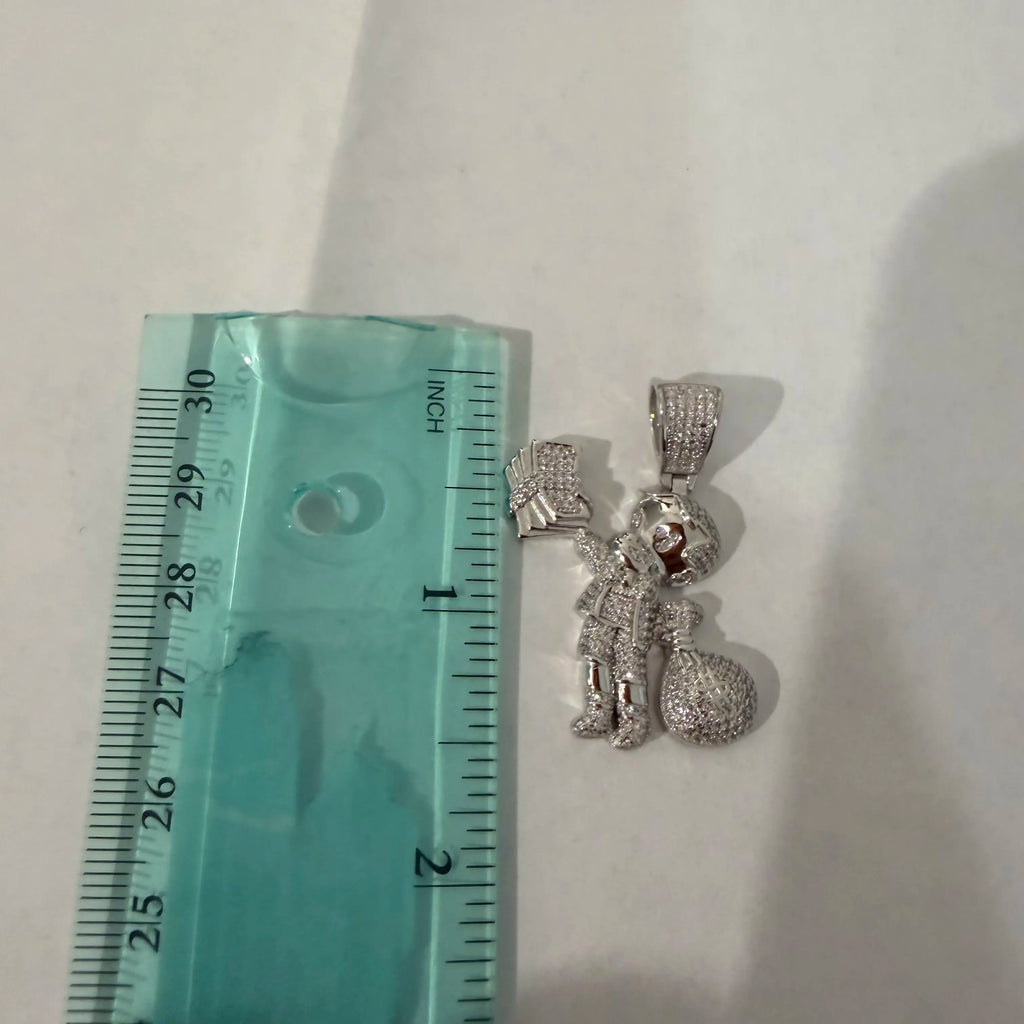 Iced Out Money Man Pendant, Solid 925 Sterling Silver VVS CZ Diamond Cash Bag Necklace, Hip Hop Jewelry, 22 Inch Rope Chain