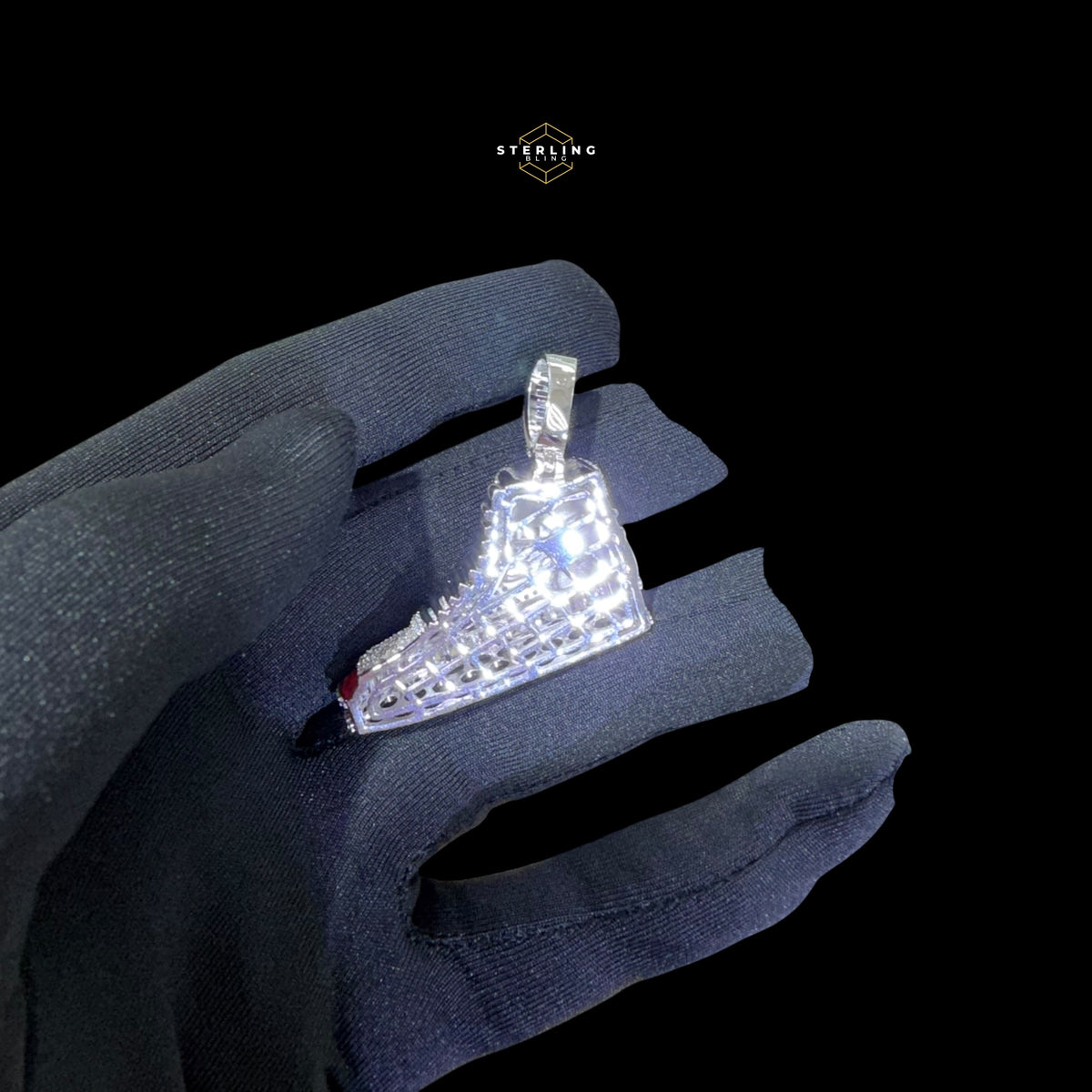 14K White Gold Plated Iced Out Sneaker Pendant | CZ Diamond Red Enamel Shoe Necklace | Hip Hop Streetwea