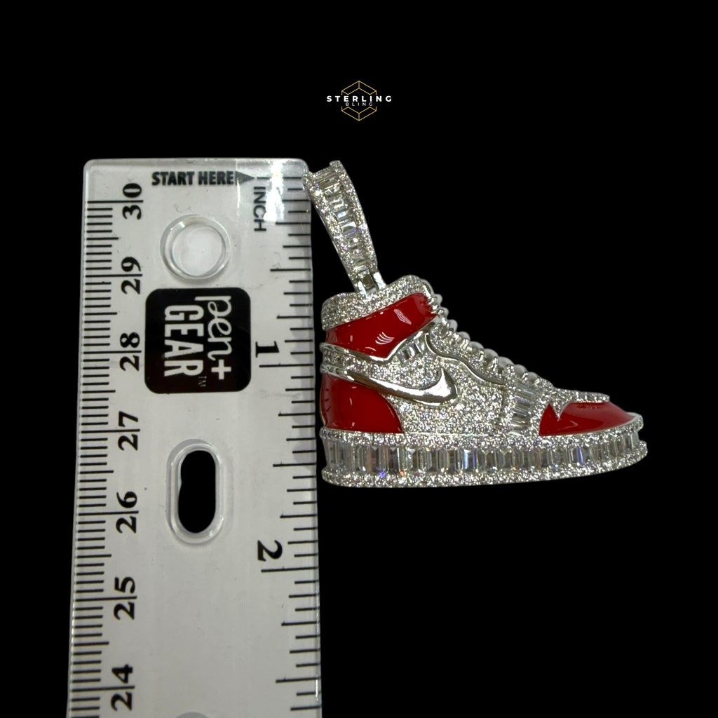 14K White Gold Plated Iced Out Sneaker Pendant | CZ Diamond Red Enamel Shoe Necklace | Hip Hop Streetwea