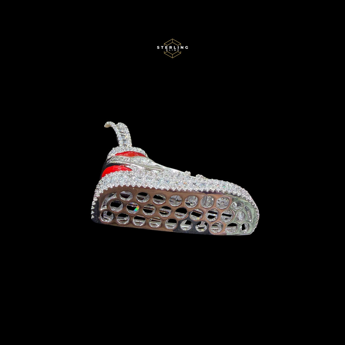 14K White Gold Plated Iced Out Sneaker Pendant | CZ Diamond Red Enamel Shoe Necklace | Hip Hop Streetwea
