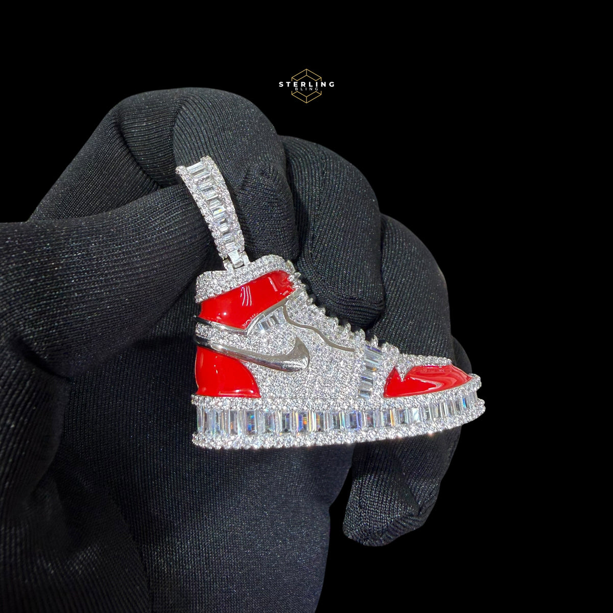 14K White Gold Plated Iced Out Sneaker Pendant | CZ Diamond Red Enamel Shoe Necklace | Hip Hop Streetwea