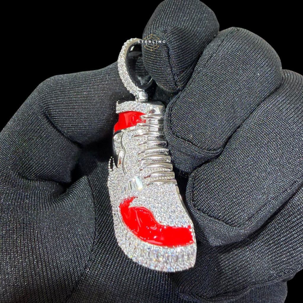 14K White Gold Plated Iced Out Sneaker Pendant | CZ Diamond Red Enamel Shoe Necklace | Hip Hop Streetwea