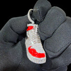 14K White Gold Plated Iced Out Sneaker Pendant | CZ Diamond Red Enamel Shoe Necklace | Hip Hop Streetwea