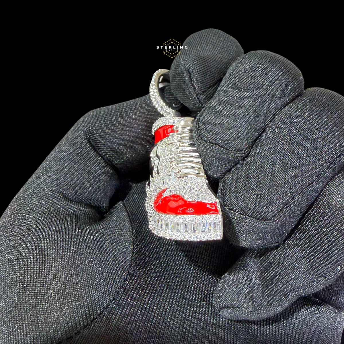 14K White Gold Plated Iced Out Sneaker Pendant | CZ Diamond Red Enamel Shoe Necklace | Hip Hop Streetwea