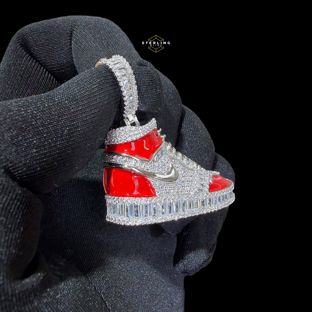 14K White Gold Plated Iced Out Sneaker Pendant | CZ Diamond Red Enamel Shoe Necklace | Hip Hop Streetwea