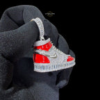 14K White Gold Plated Iced Out Sneaker Pendant | CZ Diamond Red Enamel Shoe Necklace | Hip Hop Streetwea
