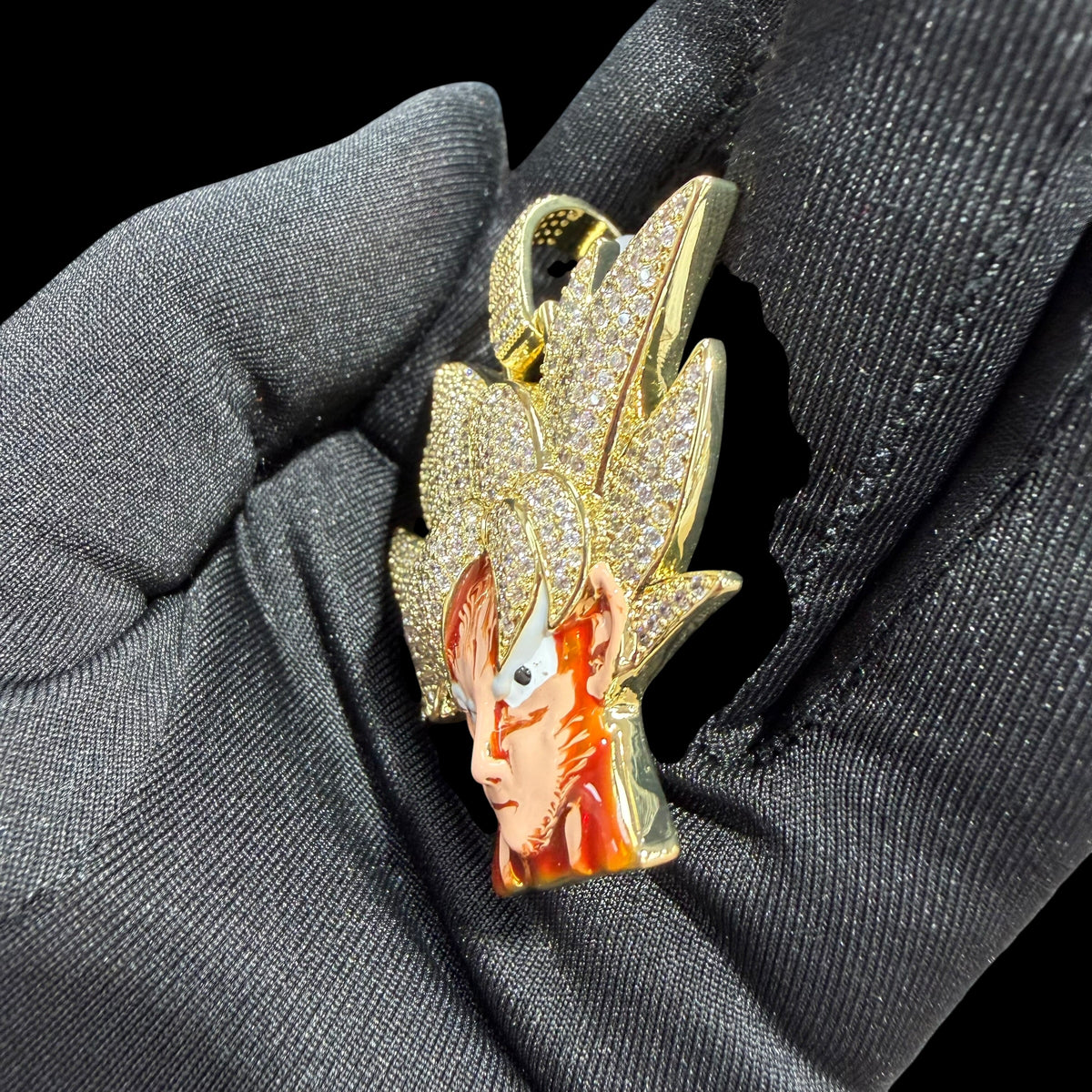 Iced Out Spiky Hair Warrior Pendant Necklace, 14K Gold Plated CZ Diamond Anime Style Charm for Men, Hip Hop Jewelry, w/ Rope Chain