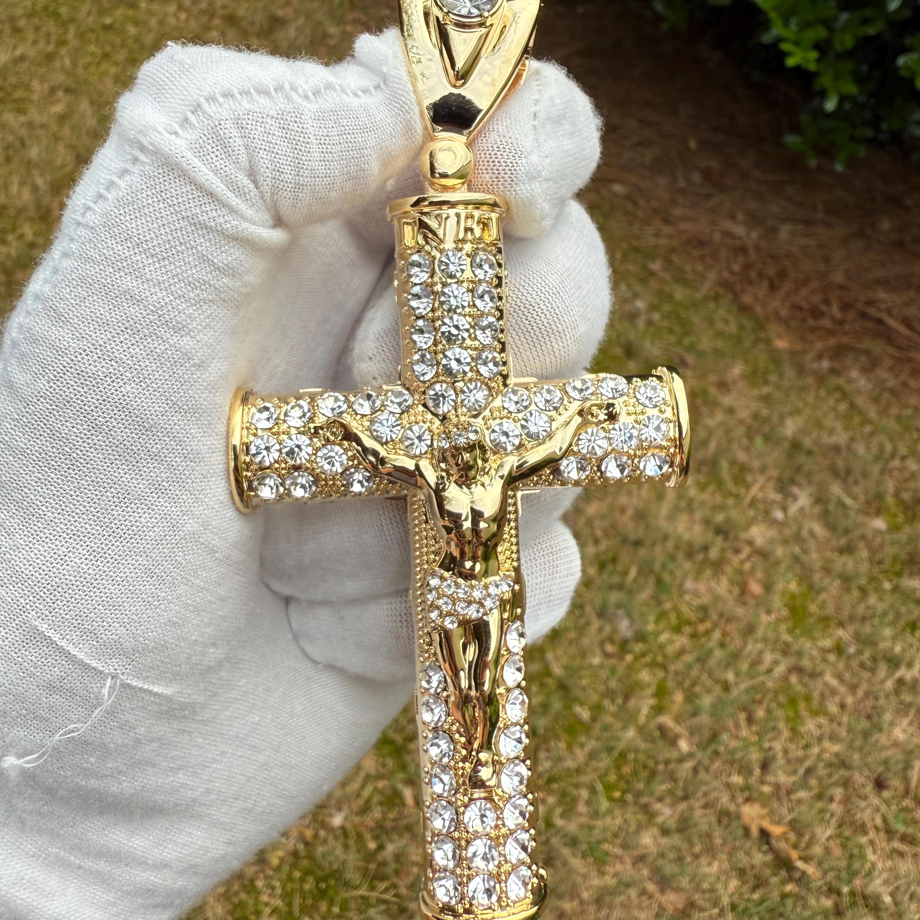 Cross with Crucifix - Large Gold Tone Iced Out Pendant