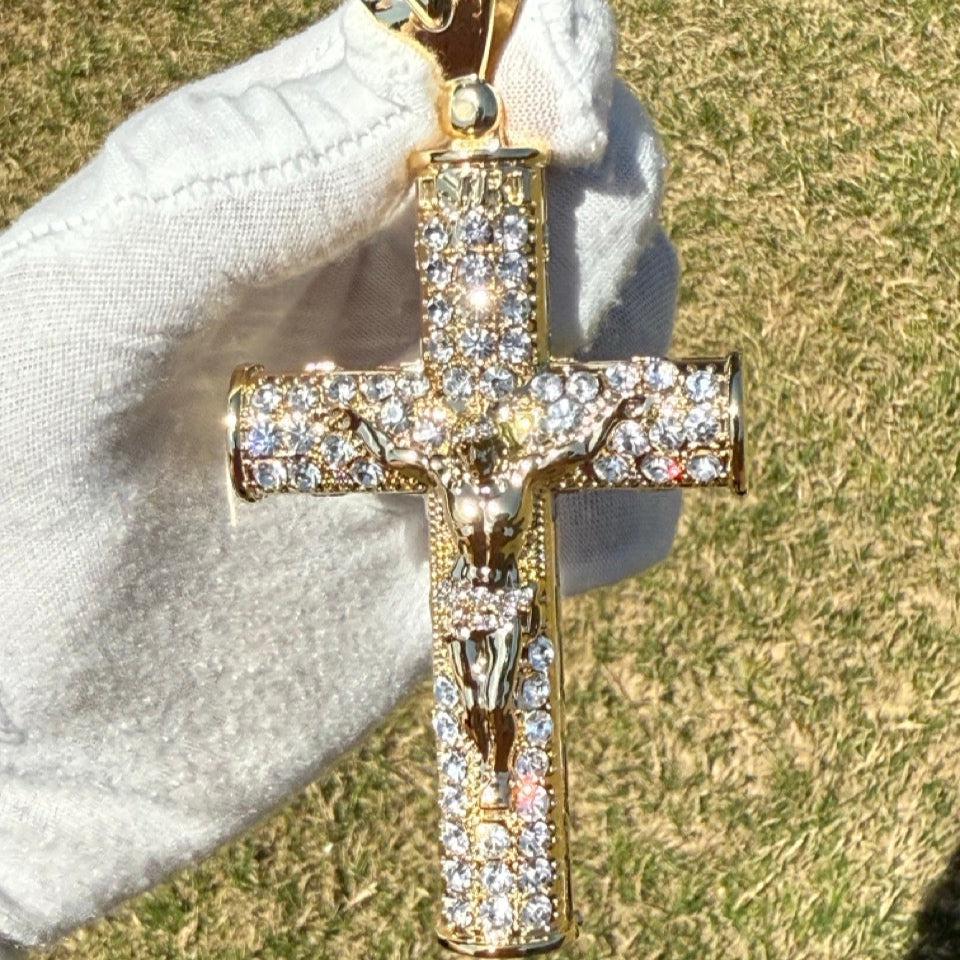 Cross with Crucifix - Large Gold Tone Iced Out Pendant