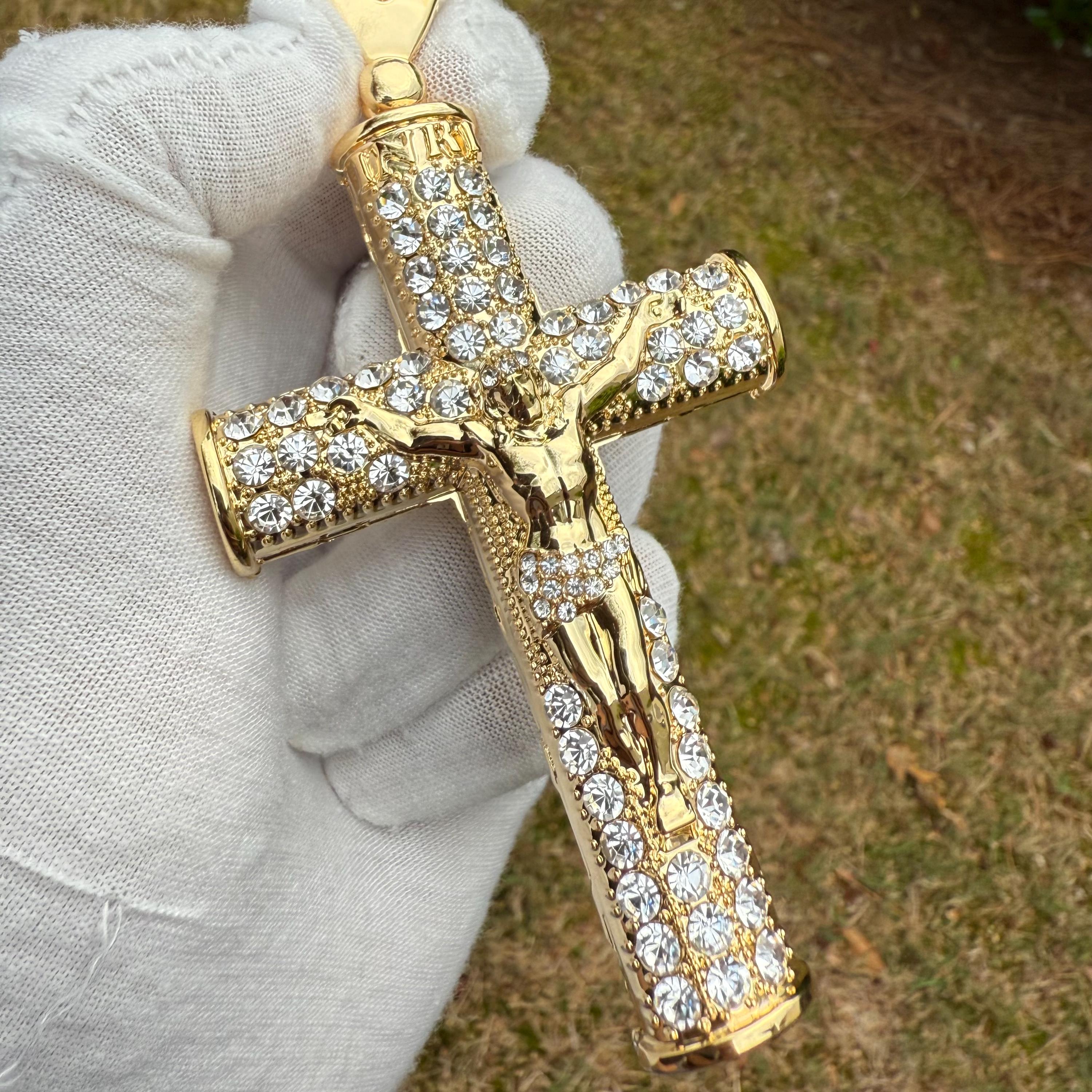 Cross with Crucifix - Large Gold Tone Iced Out Pendant