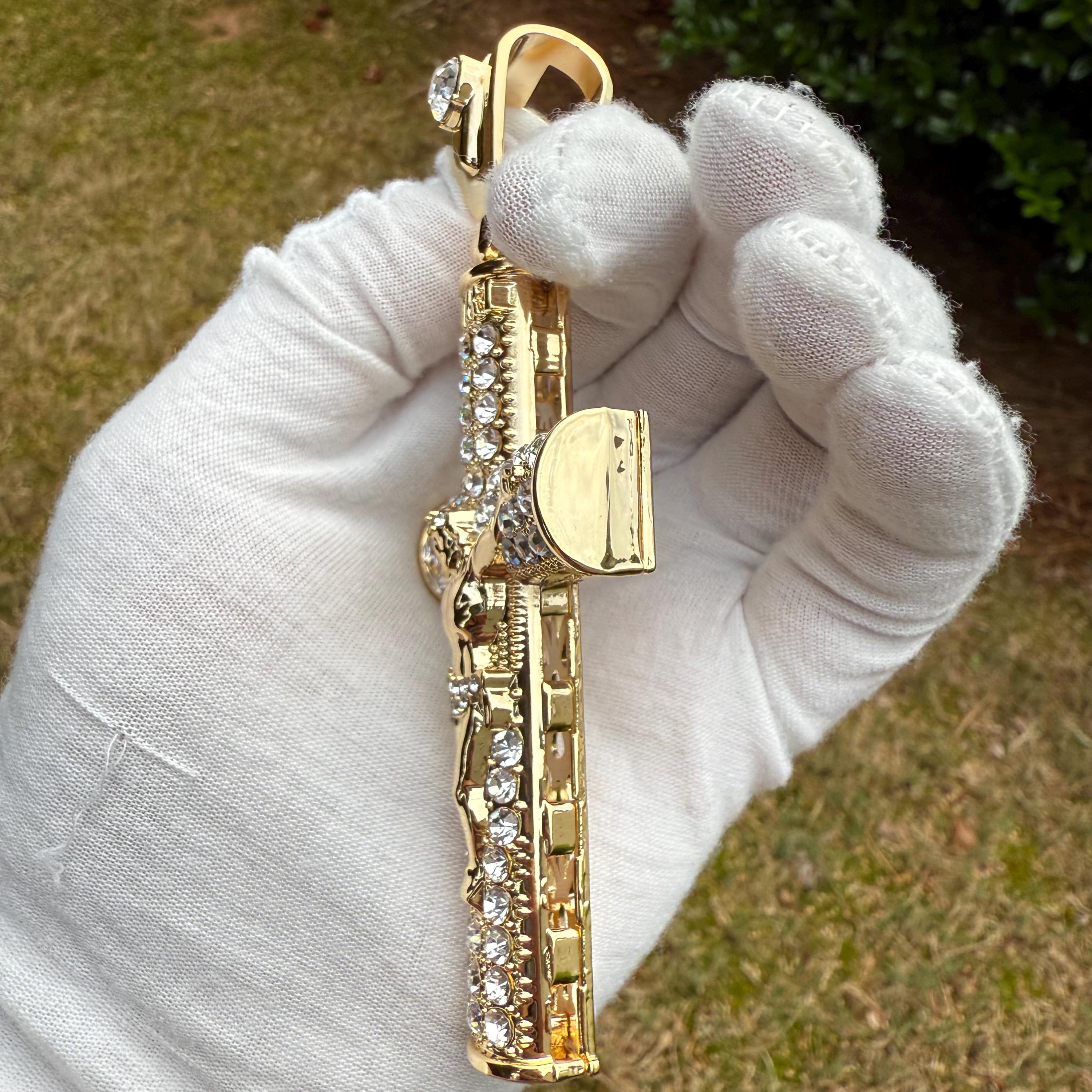 Cross with Crucifix - Large Gold Tone Iced Out Pendant