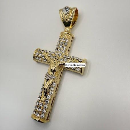 Cross with Crucifix - Large Gold Tone Iced Out Pendant