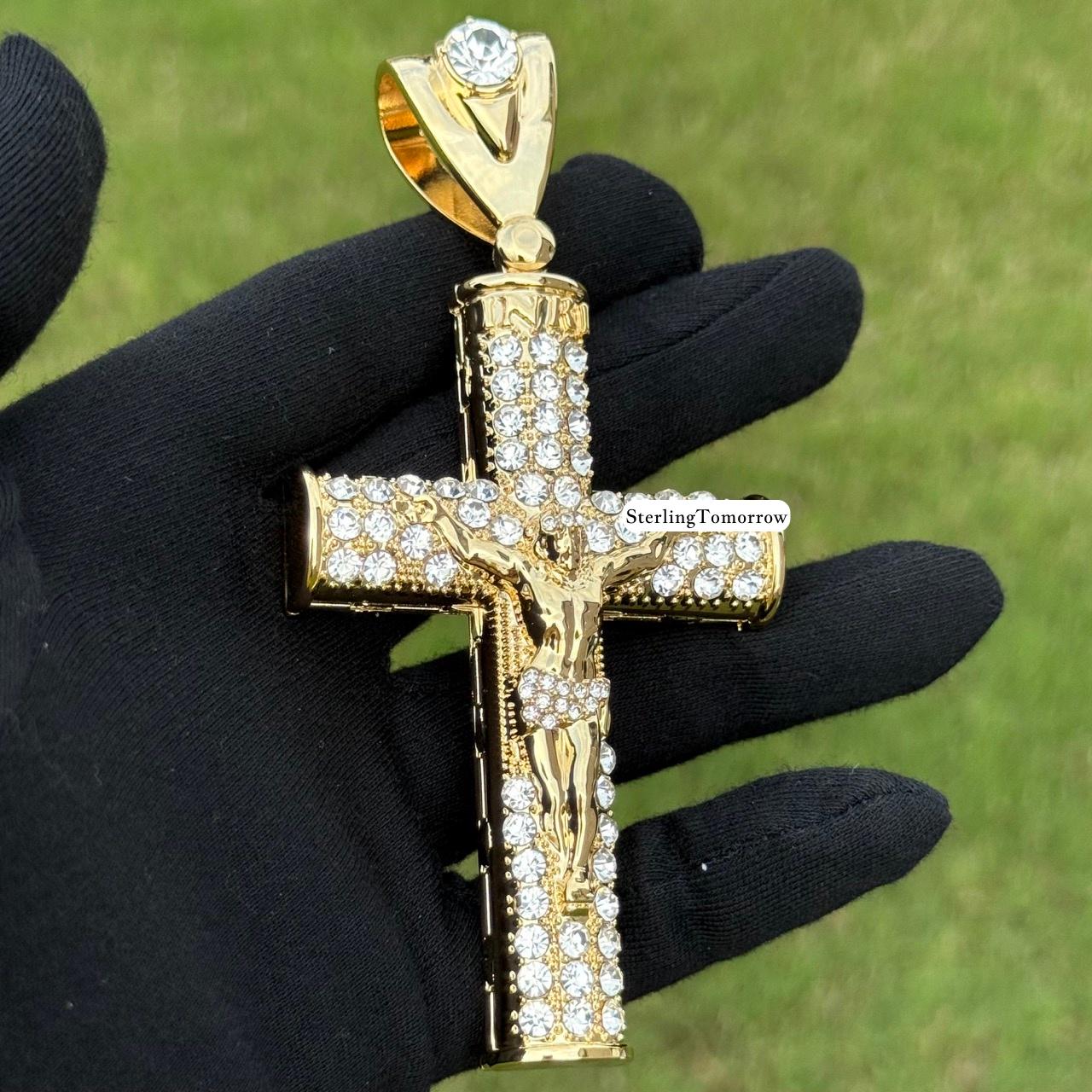Cross with Crucifix - Large Gold Tone Iced Out Pendant