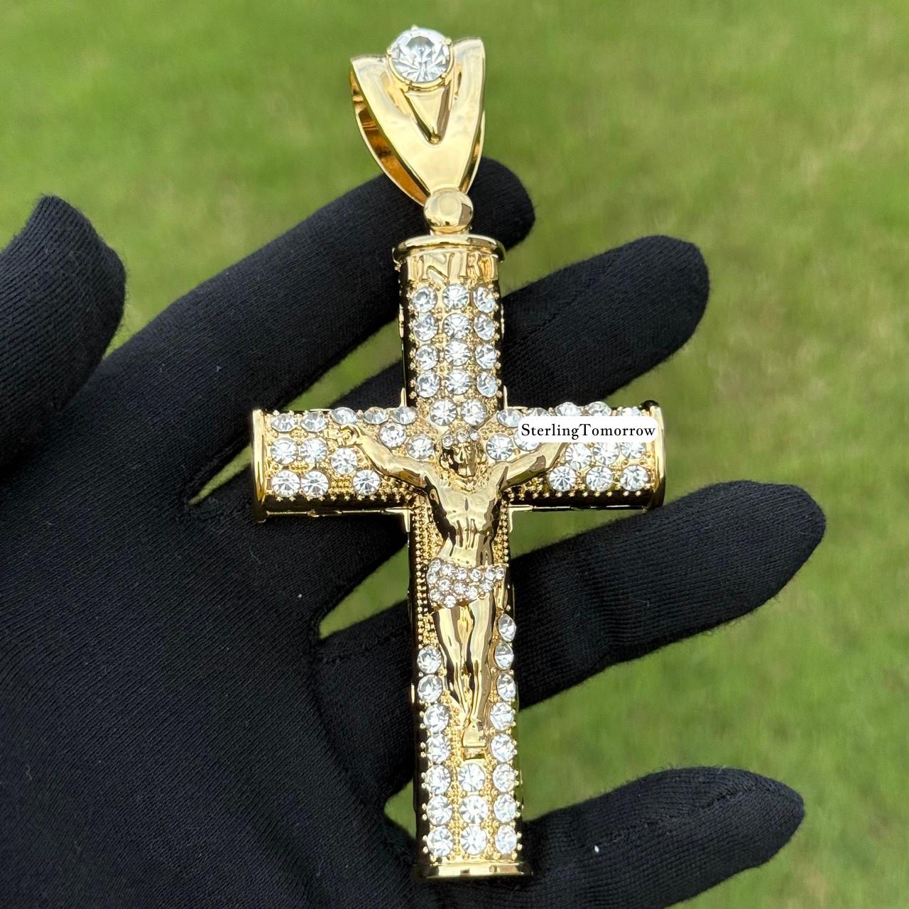 Cross with Crucifix - Large Gold Tone Iced Out Pendant