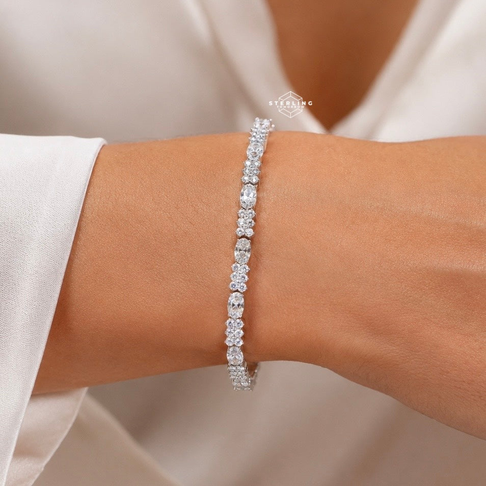 Moissanite Marquise Tennis Bracelet, 925 Sterling Silver Flower Cluster Bracelet