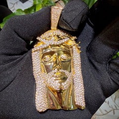 Large Iced Out Jesus Pendant 14k Gold Plated + Steel Rope Chain