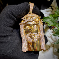 Large Iced Out Jesus Pendant 14k Gold Plated + Steel Rope Chain