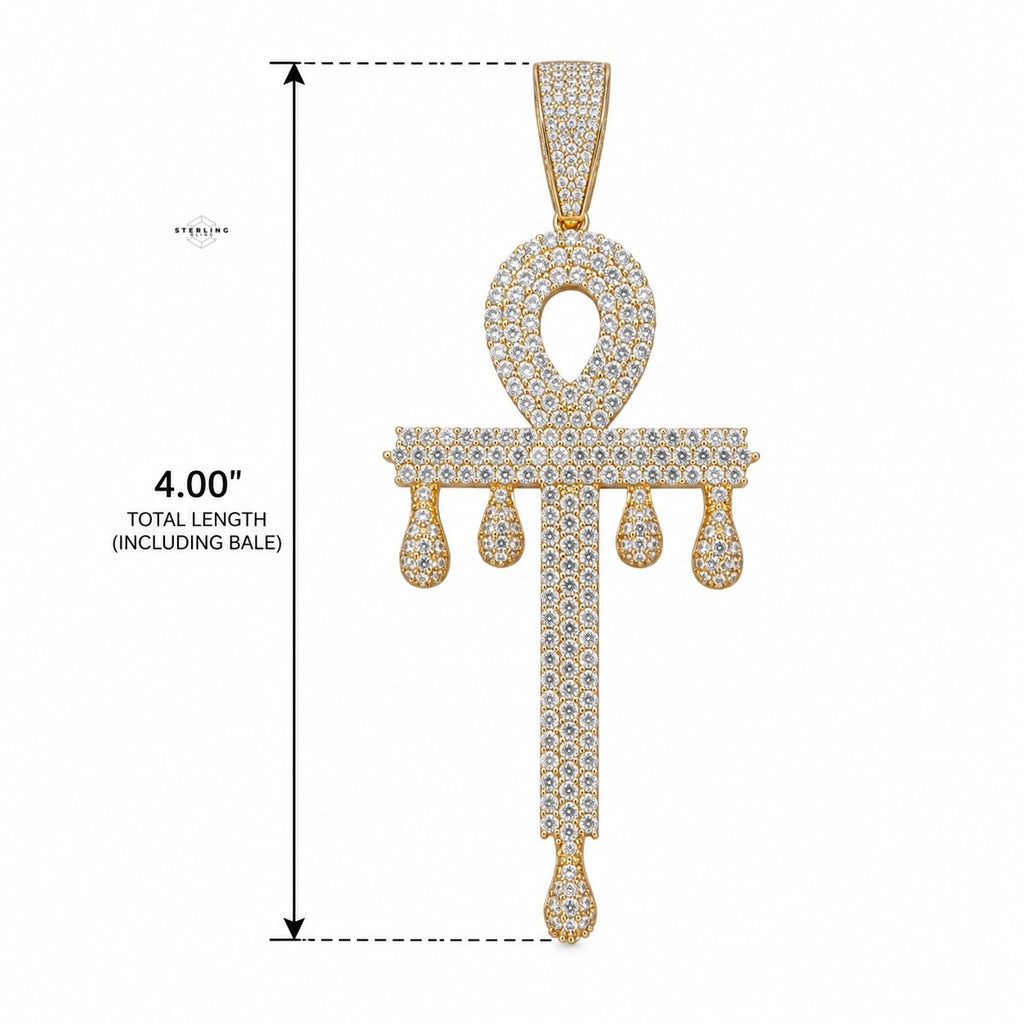 Big Iced Out Ankh Drip Pendant | 14K Gold Plated Egyptian Cross Necklace, Hip Hop CZ Pendant with Free Rope Chain