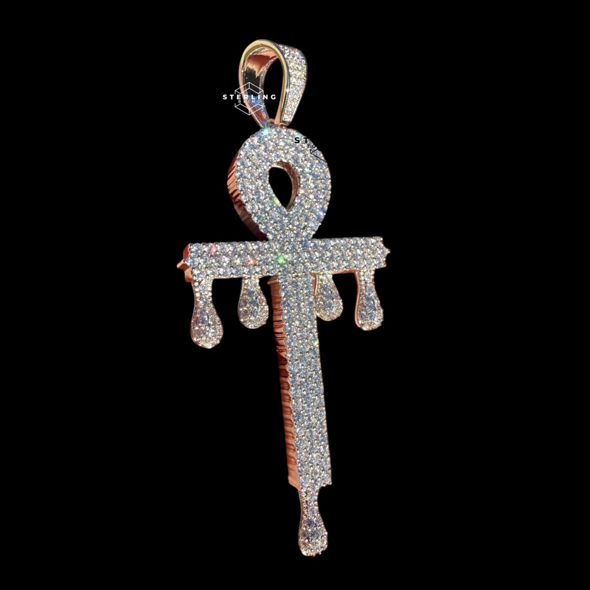 Large 14K White Gold Plated Iced Out Ankh Pendant | CZ Diamond Drip Ankh Cross Necklace | Hip Hop Jewelry + Free 22" Rope Chain