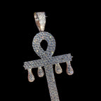 Large 14K White Gold Plated Iced Out Ankh Pendant | CZ Diamond Drip Ankh Cross Necklace | Hip Hop Jewelry + Free 22" Rope Chain