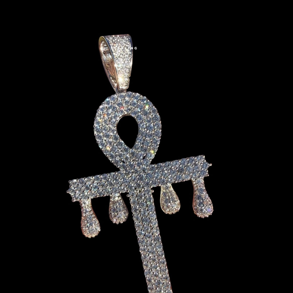 Large 14K White Gold Plated Iced Out Ankh Pendant | CZ Diamond Drip Ankh Cross Necklace | Hip Hop Jewelry + Free 22" Rope Chain