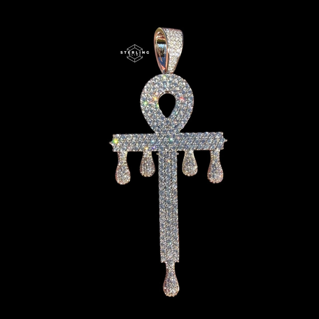 Large 14K White Gold Plated Iced Out Ankh Pendant | CZ Diamond Drip Ankh Cross Necklace | Hip Hop Jewelry + Free 22" Rope Chain