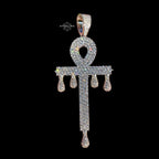 Large 14K White Gold Plated Iced Out Ankh Pendant | CZ Diamond Drip Ankh Cross Necklace | Hip Hop Jewelry + Free 22" Rope Chain