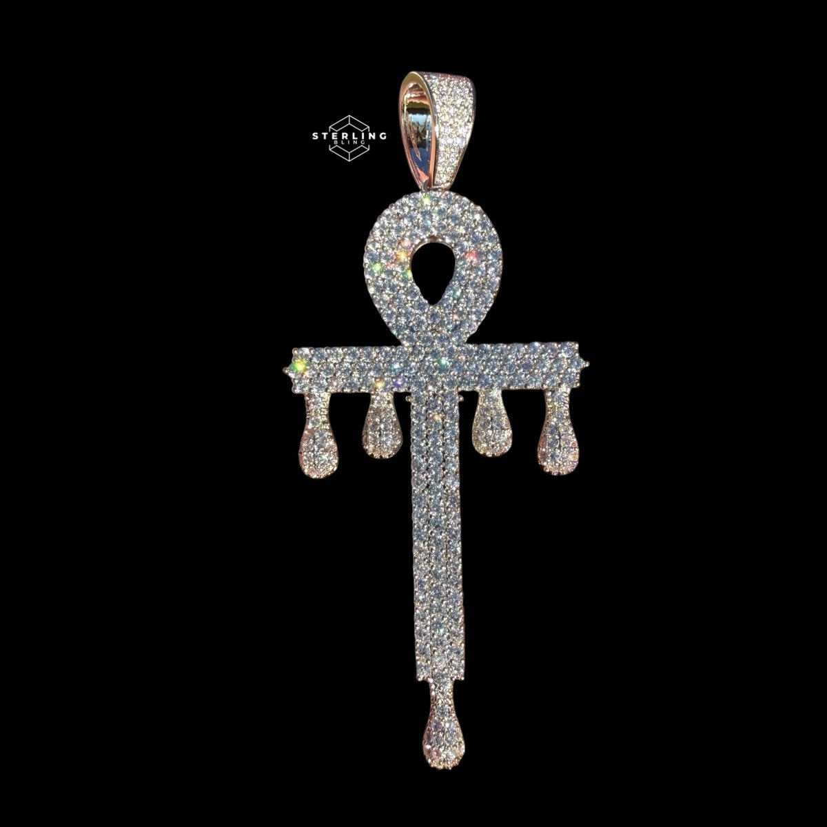 Large 14K White Gold Plated Iced Out Ankh Pendant | CZ Diamond Drip Ankh Cross Necklace | Hip Hop Jewelry + Free 22" Rope Chain