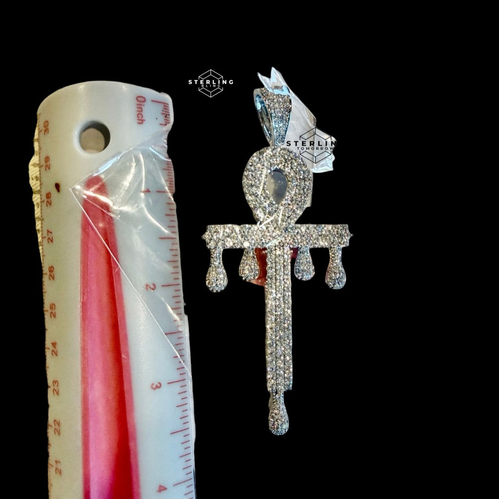 Large 14K White Gold Plated Iced Out Ankh Pendant | CZ Diamond Drip Ankh Cross Necklace | Hip Hop Jewelry + Free 22" Rope Chain