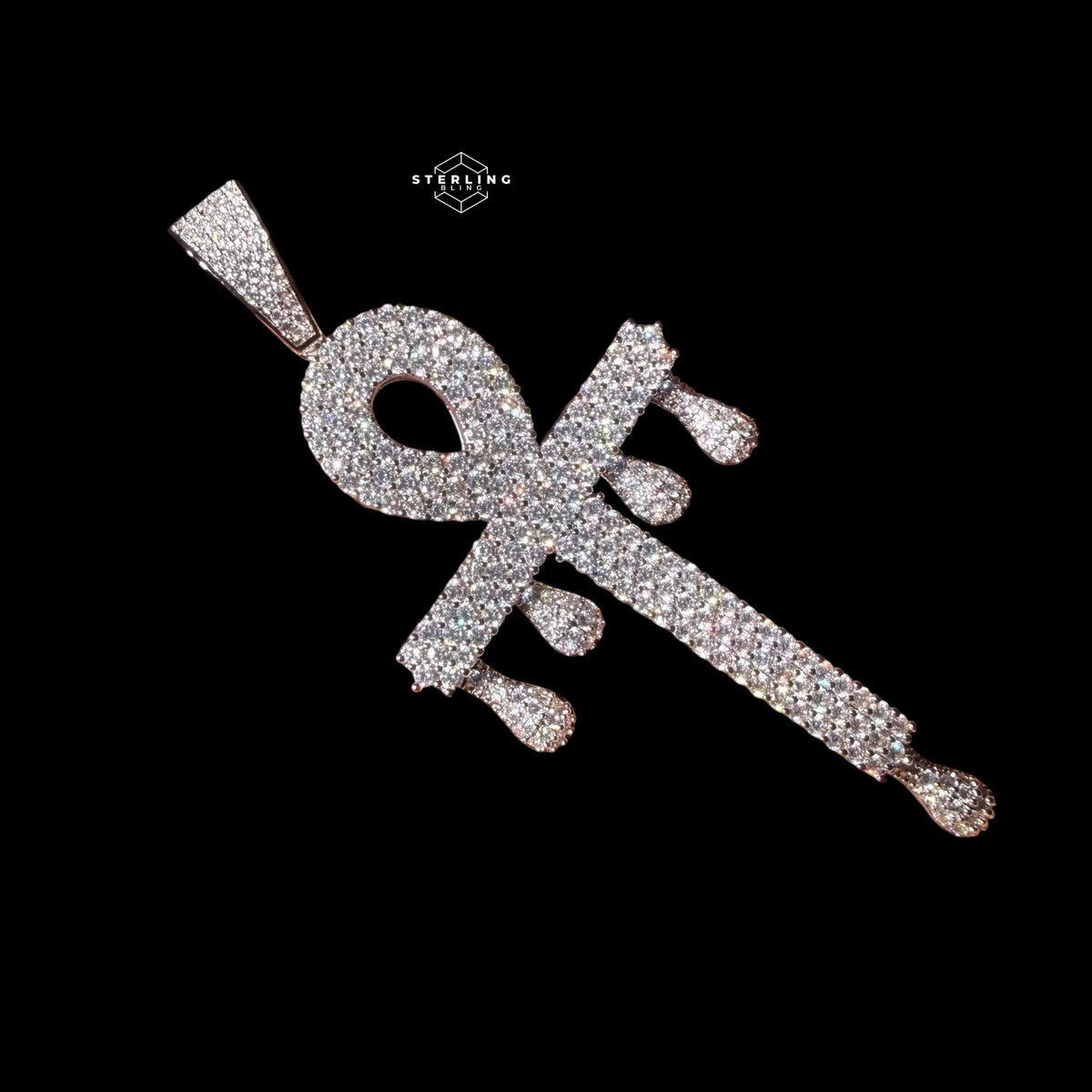 Large 14K White Gold Plated Iced Out Ankh Pendant | CZ Diamond Drip Ankh Cross Necklace | Hip Hop Jewelry + Free 22" Rope Chain