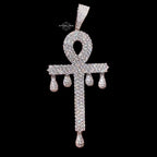 Large 14K White Gold Plated Iced Out Ankh Pendant | CZ Diamond Drip Ankh Cross Necklace | Hip Hop Jewelry + Free 22" Rope Chain