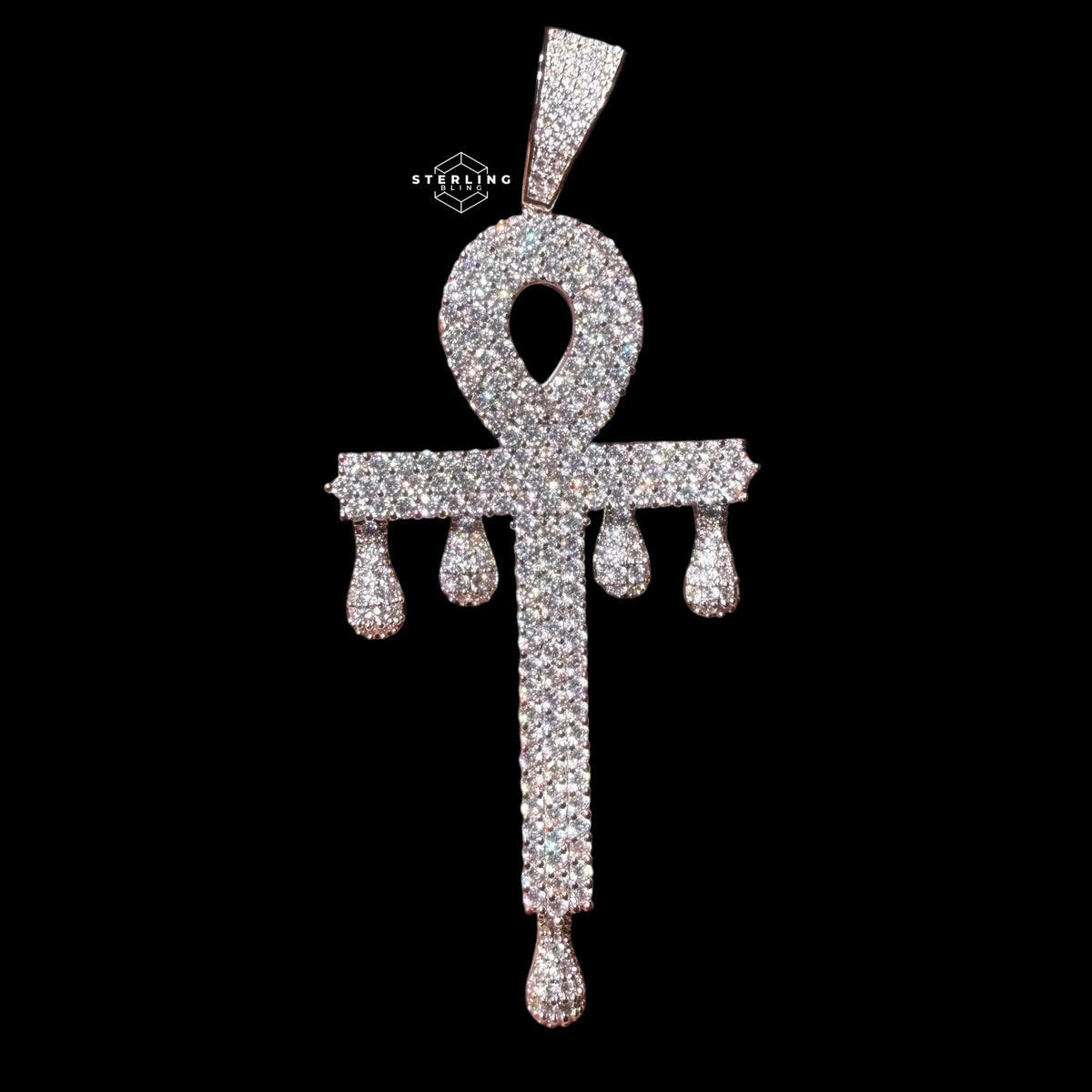 Large 14K White Gold Plated Iced Out Ankh Pendant | CZ Diamond Drip Ankh Cross Necklace | Hip Hop Jewelry + Free 22" Rope Chain