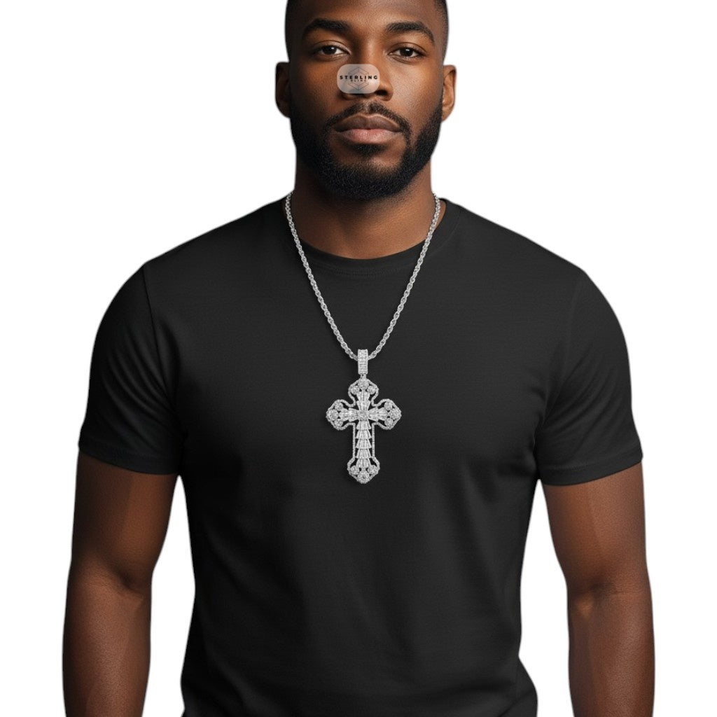 Large Baguette Cross Pendant | 14K White Gold Plated Silver Tone CZ Hip Hop Necklace with Free Rope Chain