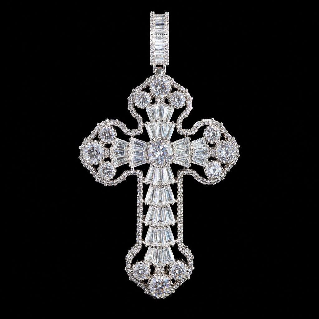 Large Baguette Cross Pendant | 14K White Gold Plated Silver Tone CZ Hip Hop Necklace with Free Rope Chain