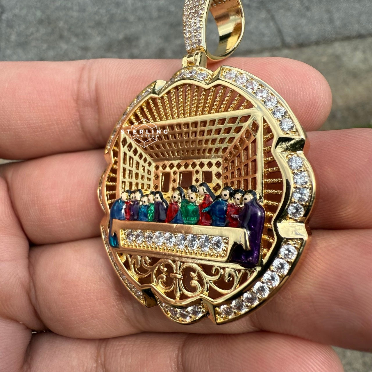 Last Supper Gold Tone Enamel Pendant