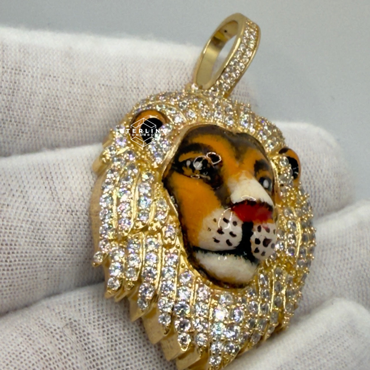 Lion Head Enamel Iced Out Mane Pendant
