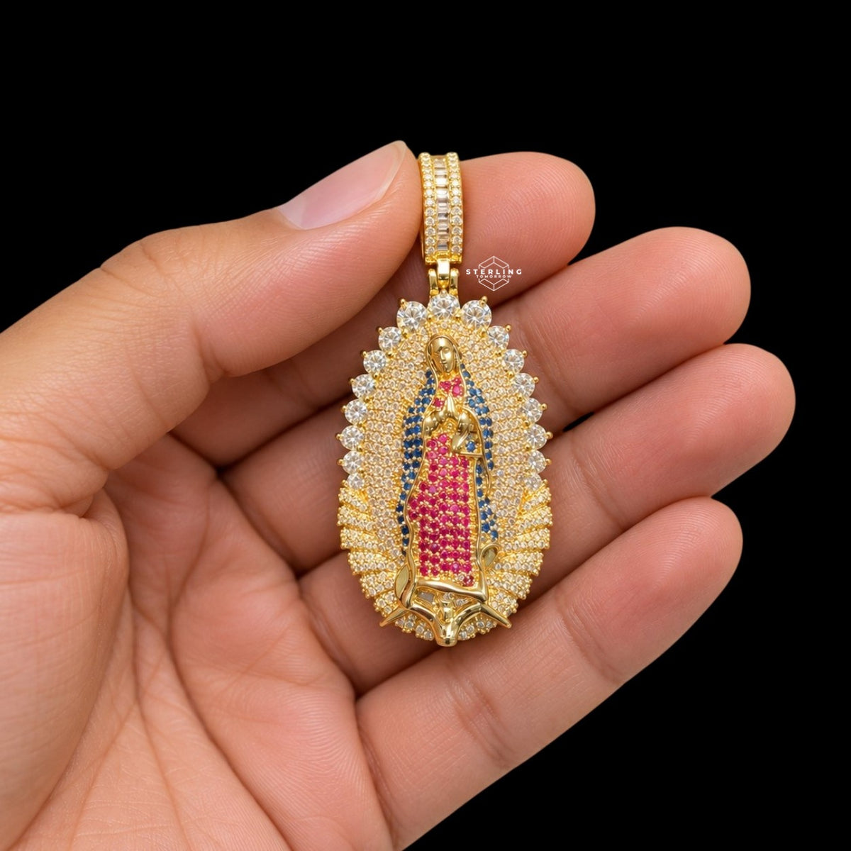 Gold Ruby Blue Iced Out Virgin Mary Pendant