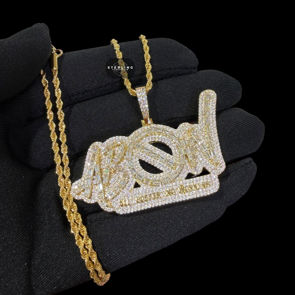 Iced Out All Bosses No Workers Pendant, 14K Gold Plated Baguette CZ Hip Hop Necklace for Men with Rope Chain