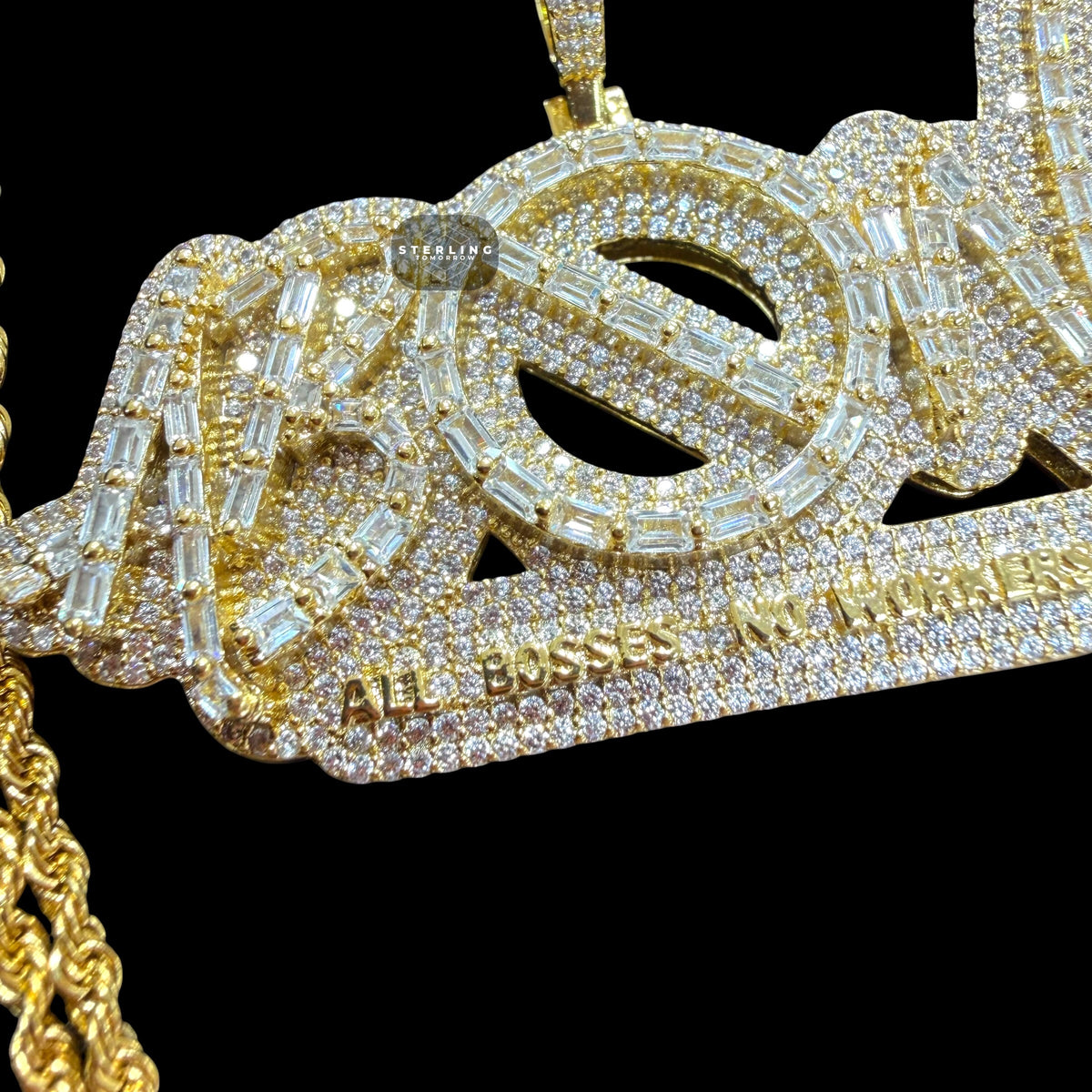 Iced Out All Bosses No Workers Pendant, 14K Gold Plated Baguette CZ Hip Hop Necklace for Men with Rope Chain