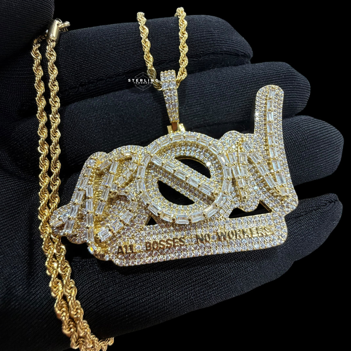Iced Out All Bosses No Workers Pendant, 14K Gold Plated Baguette CZ Hip Hop Necklace for Men with Rope Chain