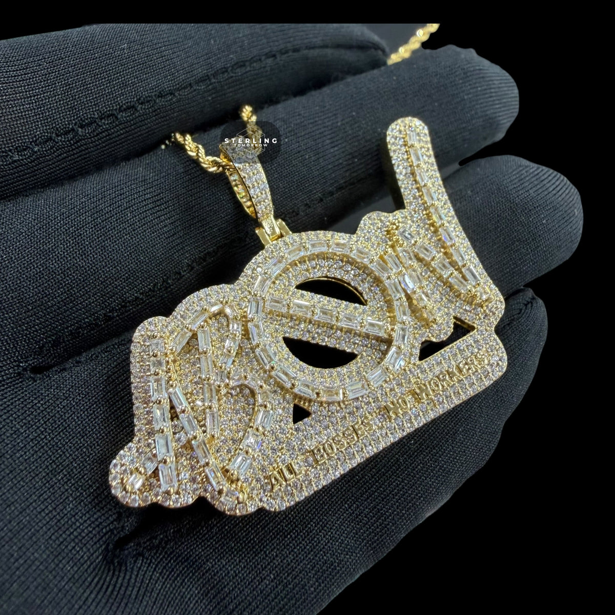 Iced Out All Bosses No Workers Pendant, 14K Gold Plated Baguette CZ Hip Hop Necklace for Men with Rope Chain