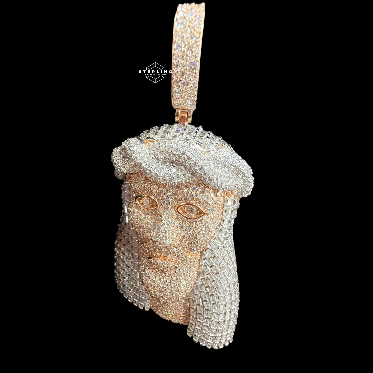 Moissanite Rose Gold Two Tone Baguette Jesus Pendant