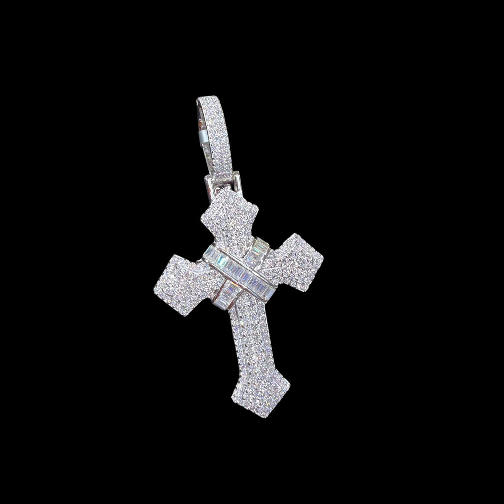 Moissanite Cross Pendant 925 Sterling Silver, Iced Out Baguette Cross Necklace, Hip Hop Jewelry Gift for Men w Rope Chain
