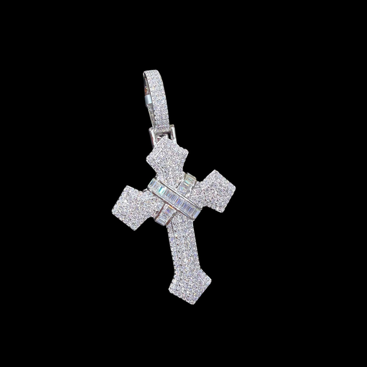 Moissanite Cross Pendant 925 Sterling Silver, Iced Out Baguette Cross Necklace, Hip Hop Jewelry Gift for Men w Rope Chain
